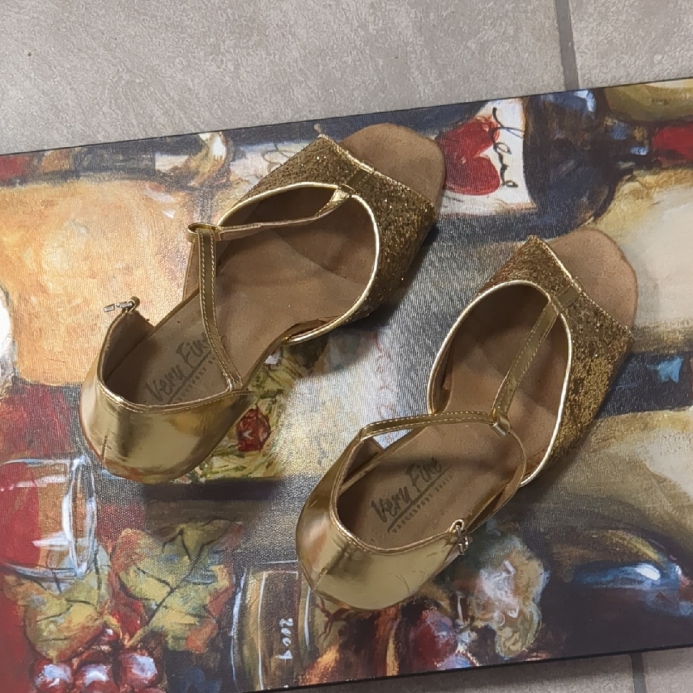 Gold Glitter T-Strap Sandals for Women by Very Fine
